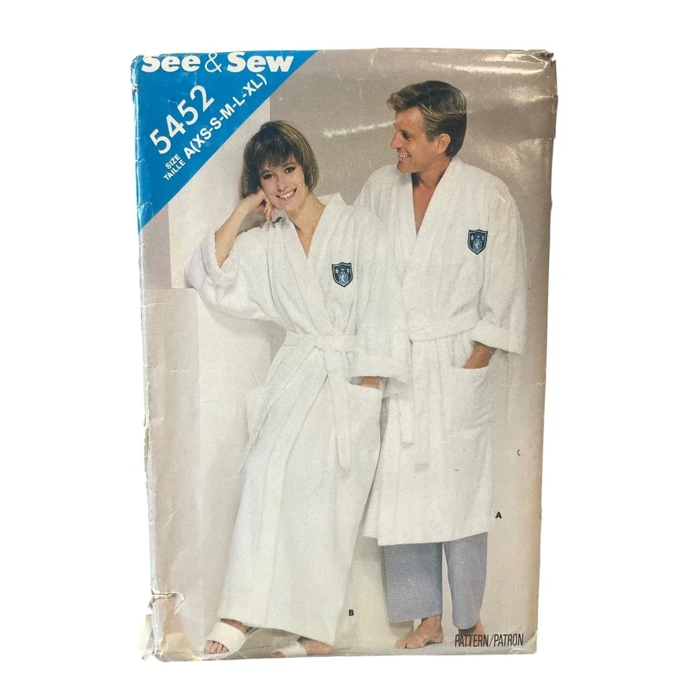 See & Sew Sewing Pattern Unisex XS-XL White 5452 Vintage 1986 Robe Uncut